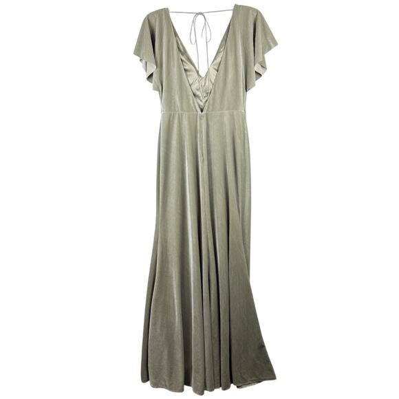 Jenny Yoo Anthro BHLDN Ellis Flutter-Sleeve Open-Back Velvet Gown Green Sz 10 - Picture 9 of 14